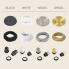 Ceiling mount hardware colors: black, white, brushed nickel, brass